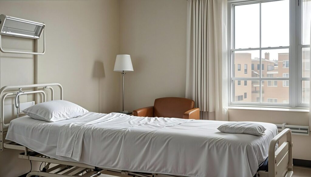 ai generated, hospital, bed, healthcare, medical, room, patient, empty, window, recovery, health, treatment, medicine, illness, clinic, care, sterile, clean, bright, hope, serene